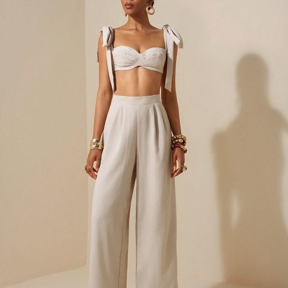 Apricot Casual Women's Beach Holiday Cropped Top and Wide Leg Trousers Set